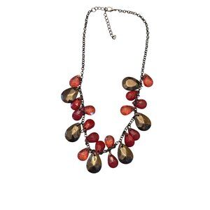 Statement‎ Necklace With Red Faceted And Hammered Gold-Tone Teardrop Pendants On